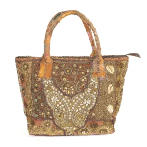 Brown Vintage Zari Embroidery Pattern Shoulder Tote Bag - Image 3