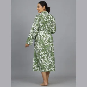 Cotton Robe Long Kimono Green Floral Sleepwear Dress - Image 7