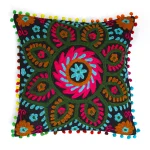 Embroidered Suzani Cushion Cover Pom Pom Lace Decor - Image 2
