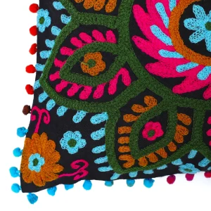 Embroidered Suzani Cushion Cover Pom Pom Lace Decor - Image 3