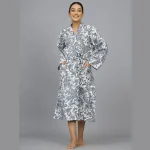 Grey Floral Kimono Handmade Long Night Gown