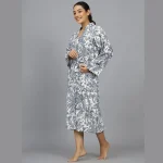 Grey Floral Kimono Handmade Long Night Gown - Image 2