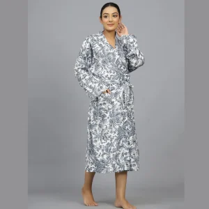 Grey Floral Kimono Handmade Long Night Gown - Image 3