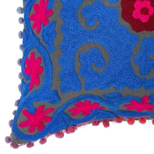 Home Decor Cotton Blue Floral Embroidered Cushion Cover - Image 3
