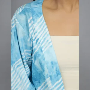 Indian Handmade Blue Tie Dye Stripes Print Cotton Open Shrug - Image 6