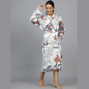 Indian Owl Hand Print Cotton Grey Robe Drees - Image 3