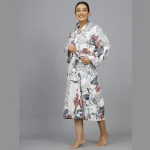 Indian Owl Hand Print Cotton Grey Robe Drees - Image 4