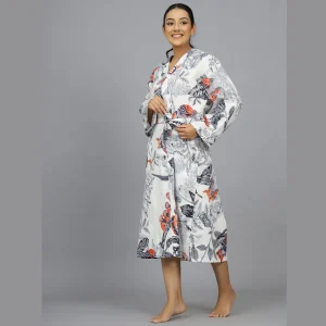 Indian Owl Hand Print Cotton Grey Robe Drees - Image 4