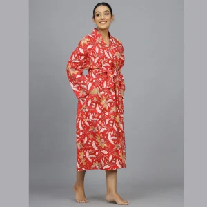 Indian Red Floral Kimono Beach Wear Robe - Image 3
