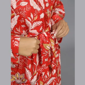 Indian Red Floral Kimono Beach Wear Robe - Image 5