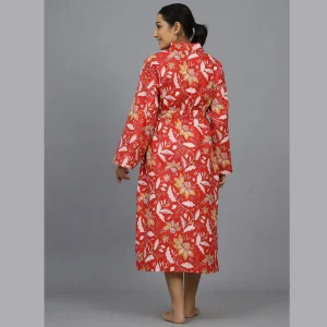 Indian Red Floral Kimono Beach Wear Robe - Image 7