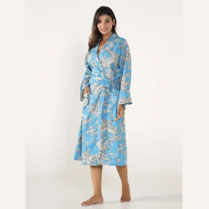 Luxury Blue Floral Printed Dressing Bath Robe - Image 4