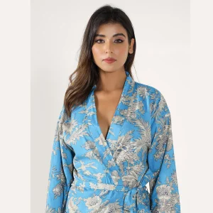 Luxury Blue Floral Printed Dressing Bath Robe - Image 5