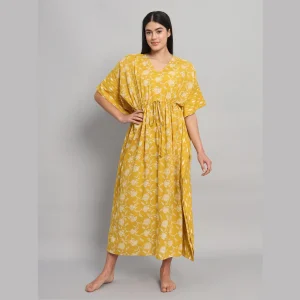 Luxury Yellow Floral Printed Beach Wear Long Kaftan - Image 3