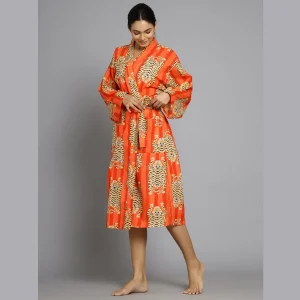 Orange Tiger & Striped Printed Cotton Bath Robe - Image 3