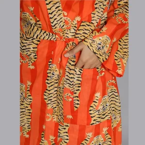 Orange Tiger & Striped Printed Cotton Bath Robe - Image 4