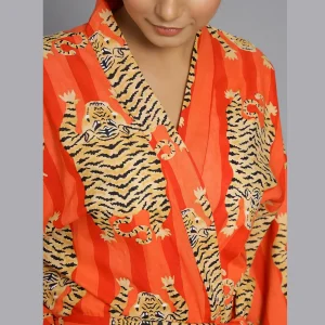 Orange Tiger & Striped Printed Cotton Bath Robe - Image 5