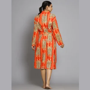 Orange Tiger & Striped Printed Cotton Bath Robe - Image 6