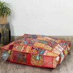 Red Embroidery Patchwork Cotton Floor Cushion Cover - Image 4