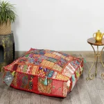 Red Embroidery Patchwork Cotton Floor Cushion Cover