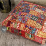 Red Embroidery Patchwork Cotton Floor Cushion Cover - Image 2