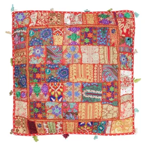 Red Embroidery Patchwork Cotton Floor Cushion Cover - Image 3