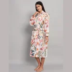 Traditional White Floral Print Cotton Kimono Dressing Bath Robes - Image 3