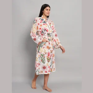 Traditional White Floral Print Cotton Kimono Dressing Bath Robes - Image 4