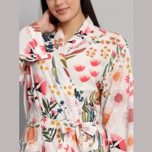 Traditional White Floral Print Cotton Kimono Dressing Bath Robes - Image 5