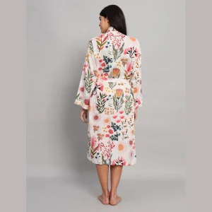 Traditional White Floral Print Cotton Kimono Dressing Bath Robes - Image 6