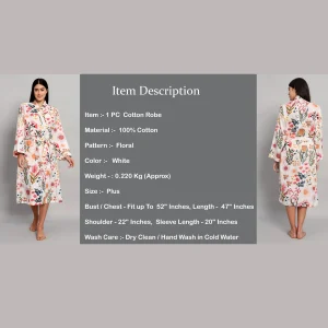 Traditional White Floral Print Cotton Kimono Dressing Bath Robes - Image 7
