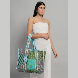 Turquoise Patchwork Handbag Pure Cotton Quilted Bag - Image 3