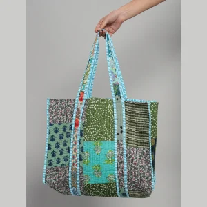 Turquoise Patchwork Handbag Pure Cotton Quilted Bag - Image 5