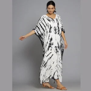 White & Black Print Designer Rayon Kaftan - Image 3