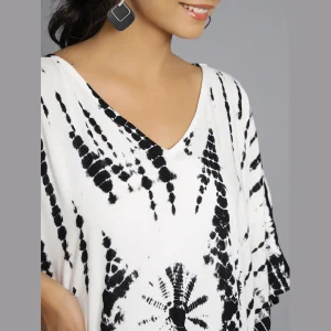 White & Black Print Designer Rayon Kaftan - Image 4