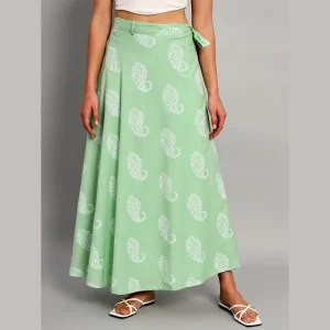 Women Beach Wear Cotton Boho Paisley Green Skirt - Image 6