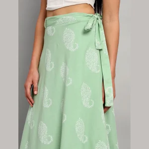 Women Beach Wear Cotton Boho Paisley Green Skirt - Image 5
