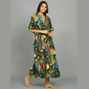 Women Black Frida Kahlo Print Cotton Kaftan - Image 3