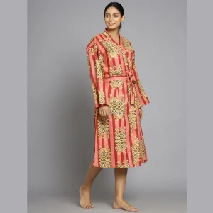 Women Pink Tiger Printed Soft Cotton Kimono Robe - Image 3
