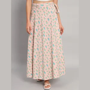 Women's Ethnic Long Rapron Skirt Baby Pink Cactus Printed - Image 3