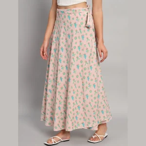 Women's Ethnic Long Rapron Skirt Baby Pink Cactus Printed - Image 4