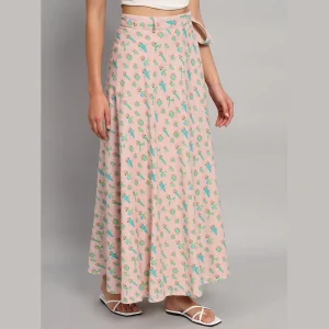 Women's Ethnic Long Rapron Skirt Baby Pink Cactus Printed - Image 5