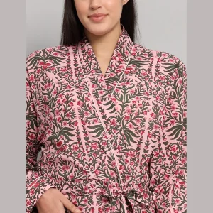 Women's Pink Floral Printed Long Bath Robe - Image 6