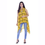 Women's Sleeveless Kimono Yellow Ikat Printed Shrug