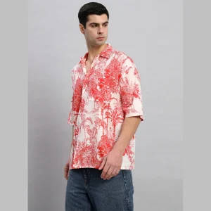 Beach Party Wear Oversized Cotton Shirt Red Forest Print - Image 4
