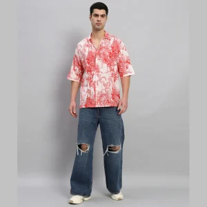 Beach Party Wear Oversized Cotton Shirt Red Forest Print - Image 5