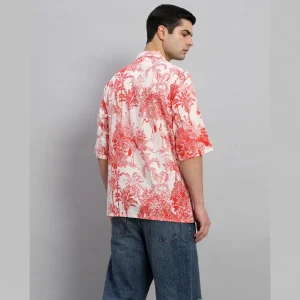 Beach Party Wear Oversized Cotton Shirt Red Forest Print - Image 9