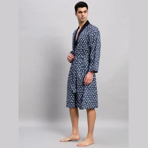 Beach Wear Blue Floral Print Cotton Bathrobe - Image 5