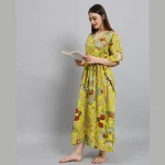 Beautiful Floral Print Women Kaftan Dress Parrot Green Fabric
