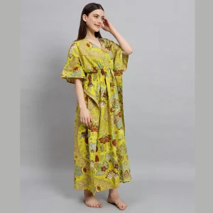 Beautiful Floral Print Women Kaftan Dress Parrot Green Fabric - Image 4